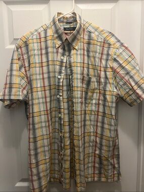 Nautica Yellow Multi-Stripe Plaid Short-Sleeve Button-Down Shirt